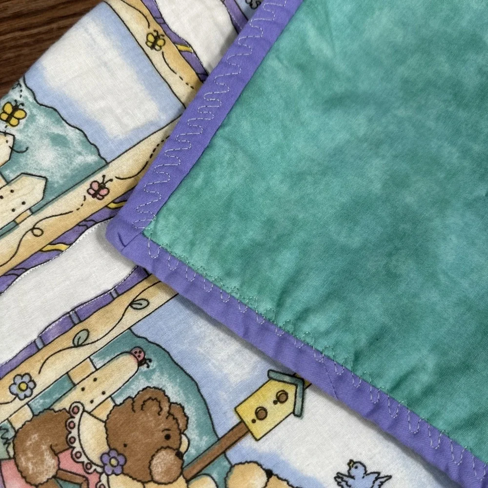 Vintage Handmade Children's Quilt Reversible Bears and Solid Violet Fabric 40x32